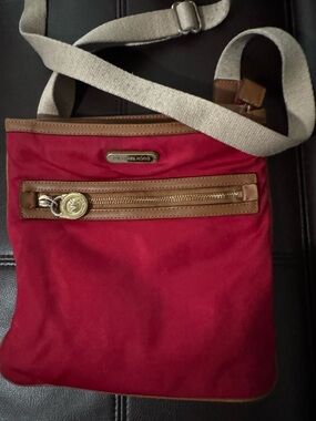 Michael Kors Red Crossbody with Brown Trim and Beige Strap